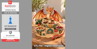 Colorful dragon-themed organizer with snacks and decorative elements on a table.