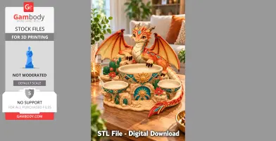 A colorful dragon-themed organizer with bowls and decorative elements, designed for 3D printing.