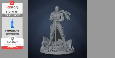 A muscular ninja figure holding a sword, standing amidst debris on a decorative base.