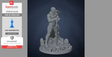 A detailed 3D model of a ninja figure in a dynamic pose, standing on a rocky base with a sword.