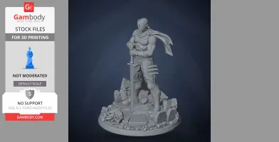 A detailed 3D model of a ninja warrior standing with a sword on a rocky base, designed for 3D printing.