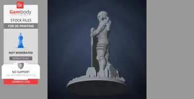 A 3D model of a ninja warrior holding a sword, standing on a detailed circular base.