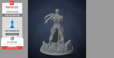 Ninja warrior figure in dynamic pose, standing on rocky base, wearing armor and a flowing scarf.