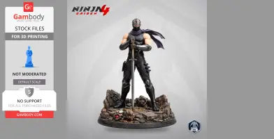 A detailed 3D model of a ninja in a combat pose, holding a sword, standing on rocky terrain.