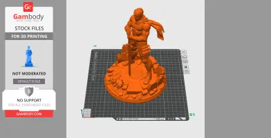 A 3D model of a ninja character in an action pose, standing on a rocky base with a sword.