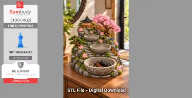 Miniature Japanese Zen garden key holder with steps, bowls, trees, and pagoda, adorned with pink blossoms.