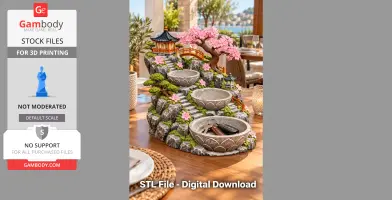 Ornate 3D-printed Japanese Zen garden key organizer with cherry blossom tree and tiered bowls.