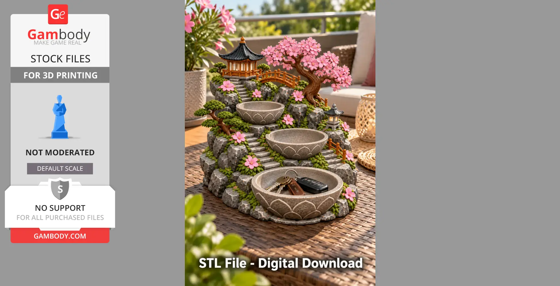 A miniature Japanese zen garden key organizer with stone bowls, stairs, and cherry blossoms.