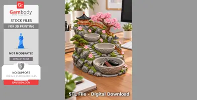 Miniature Japanese Zen garden key organizer with bowls, cherry blossoms, and a small pagoda for 3D printing.