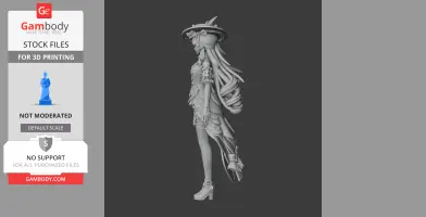 A detailed 3D model of a standing female character with long hair and a hat, designed for 3D printing.