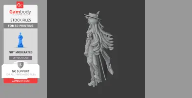 A 3D model of a character with long hair and a hat, designed for 3D printing.
