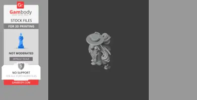 A detailed 3D figurine of a character with a large hat and flowing hair, designed for 3D printing.