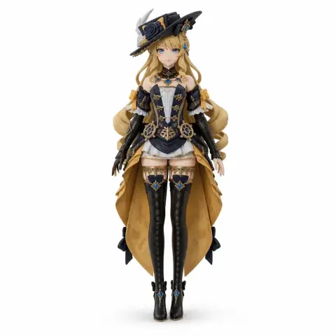 A detailed 3D model of a female character in an elaborate outfit with a hat, designed for 3D printing.