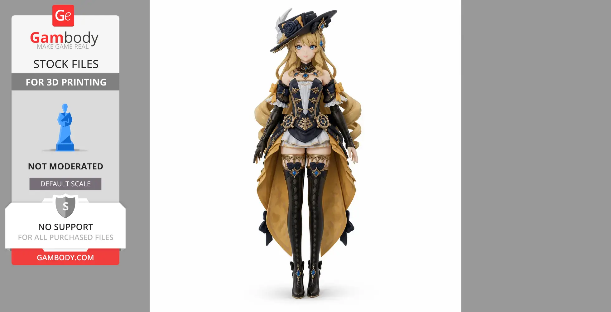 A detailed figurine of a character in intricate fantasy attire with a hat, long boots, and ornate accessories.
