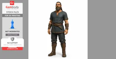 A 3D printed figure of a bearded warrior in medieval attire, wearing a tunic and boots.