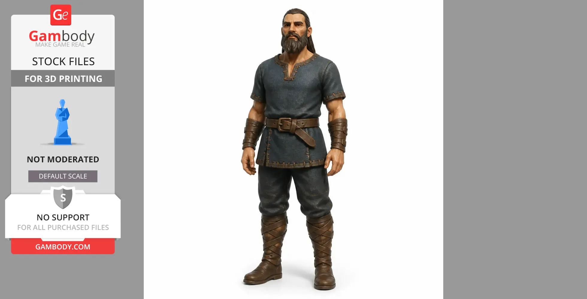 A 3D printed figure of a bearded warrior in medieval attire, wearing a tunic and boots.