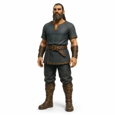 Detailed bearded warrior figurine in Nordic attire, standing upright, ready for 3D printing.