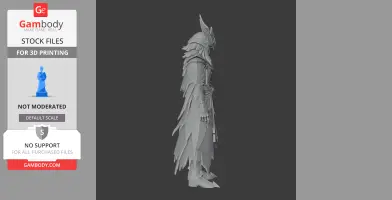 A detailed armored figure with a horned helmet and tattered cape, viewed from the side.