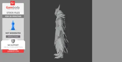 A detailed figurine of a character in layered armor with a horned helmet, viewed in profile for 3D printing.