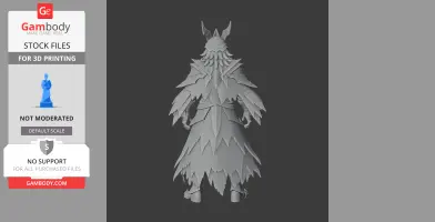 A 3D model of a robed figure with a horned helmet and layered armor viewed from the back.