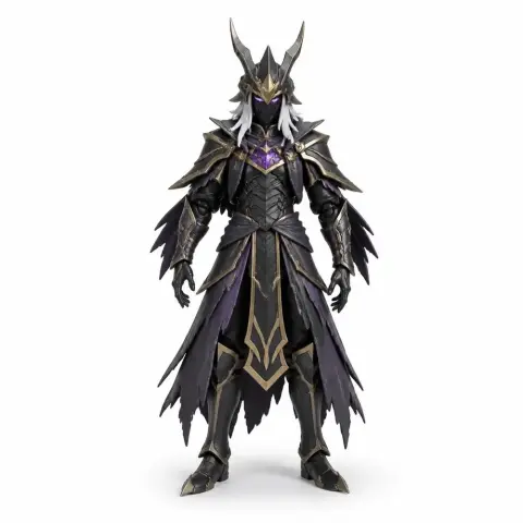 Armored character with horned helmet and tattered cloak, featuring dark and gold detailing for 3D printing.
