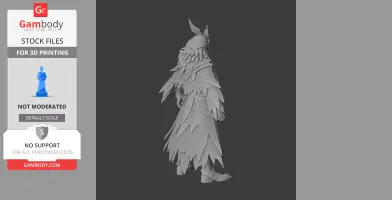 A detailed 3D model of a robed figure with layered armor and horned helmet, viewed from the back.