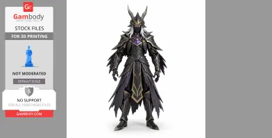 A menacing armored figure with horns, dark clothing, and a glowing purple chest emblem.