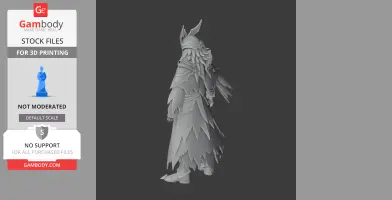 A detailed 3D model of a cloaked character with a horned helmet and layered armor for printing.
