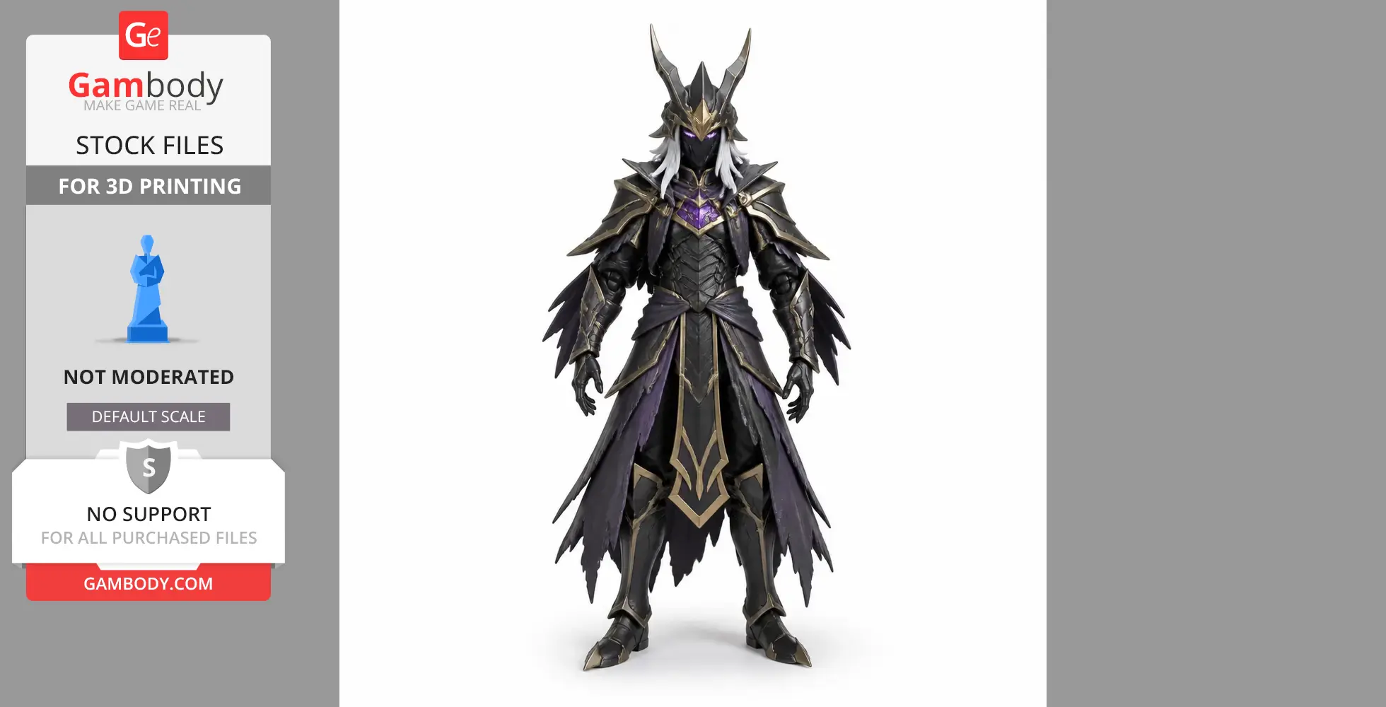 A menacing armored figure with horns, dark clothing, and a glowing purple chest emblem.