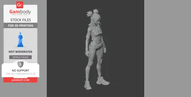 A detailed 3D model of a standing character from Valorant, wearing a futuristic outfit with short hair.