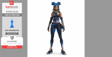 A dynamic figurine of a character with blue hair and tactical outfit from the game Valorant, for 3D printing.