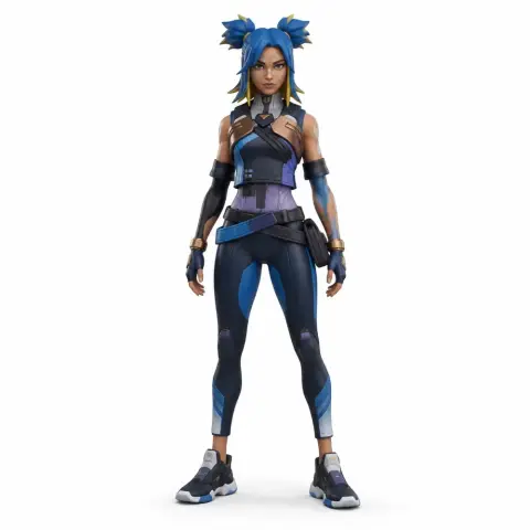 A detailed 3D model of a futuristic character in blue and black attire, designed for 3D printing.