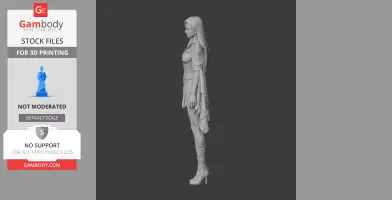 A detailed side view of a female character figure, featuring long hair and intricate clothing, for 3D printing.