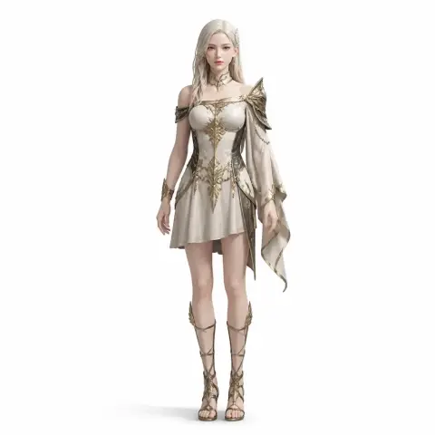 A detailed 3D model of a fantasy character in an ornate, asymmetric dress with flowing cape-like fabric.