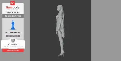 A detailed 3D model of a standing female character in a flowing outfit and high heels, viewed from the side.
