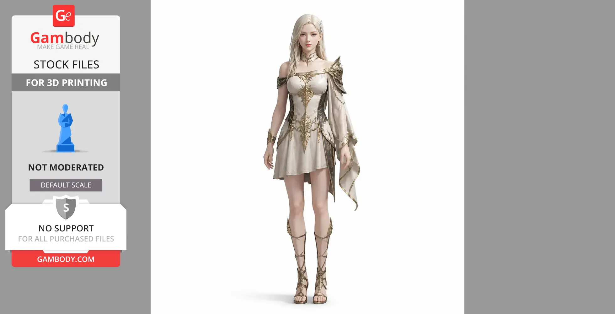 Blonde female figurine in fantasy armor and short dress, ready for 3D printing.