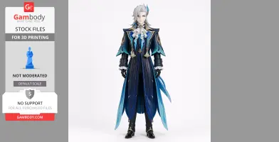 A detailed figurine of a character in an ornate blue and white outfit with flowing coat and intricate design.