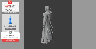 A 3D model of a long-haired character in a detailed outfit, turned slightly to the side.