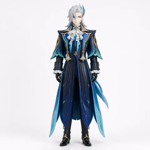A detailed figurine of a character in blue and gold attire with flowing cape and intricate design elements.