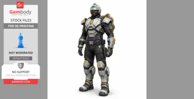 A futuristic armored soldier figurine, wearing a helmet and visor, designed for 3D printing.