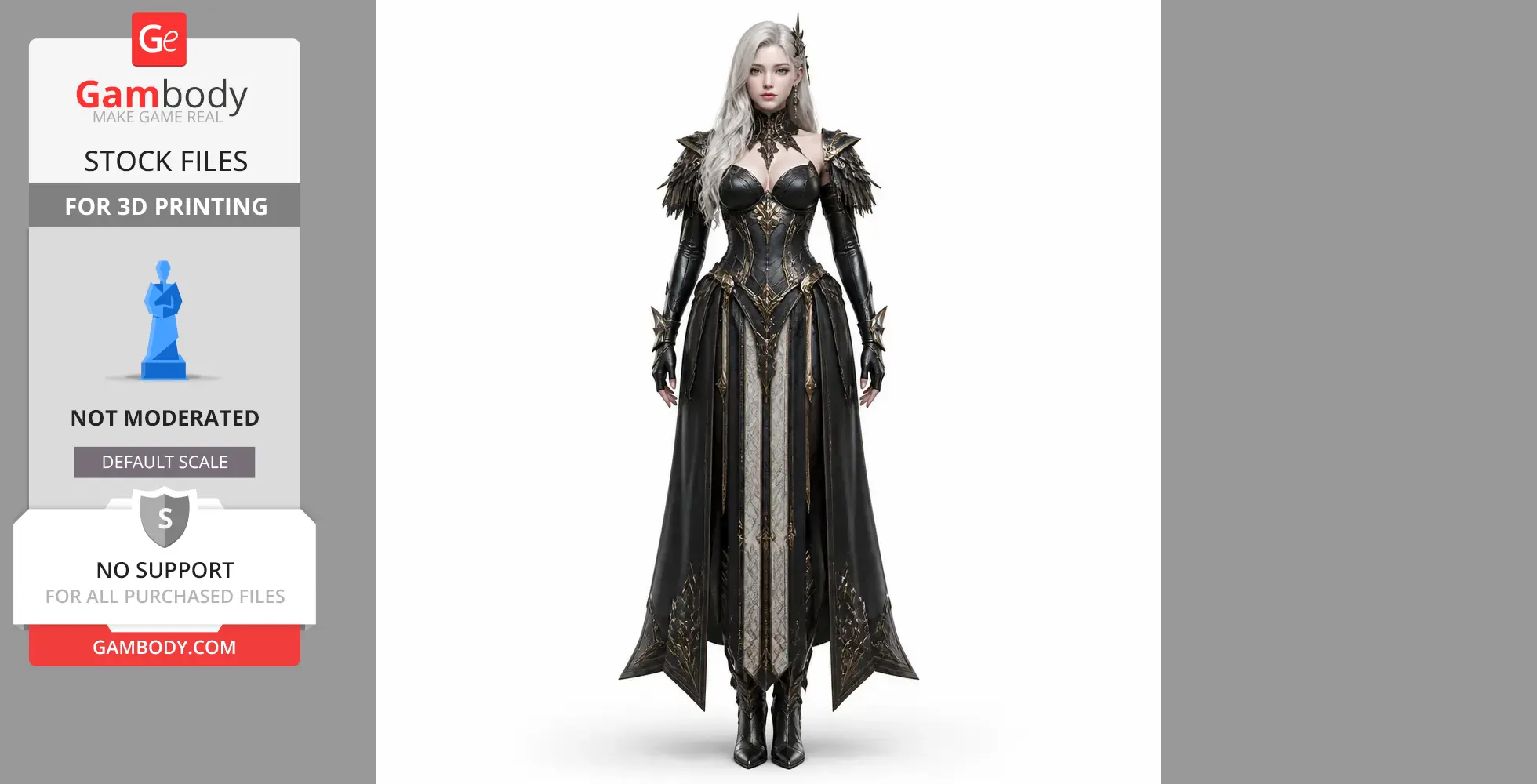 A detailed 3D model of a fantasy female warrior in ornate armor and flowing cape.