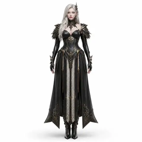 Intricate fantasy character figurine with detailed armor, elegant gown, and long silver hair.