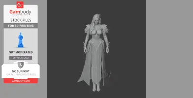 A detailed 3D model of a fantasy armored female character with long hair and a flowing skirt.