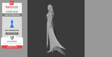 Regal female figurine in ornate armor and crown, standing in profile, designed for 3D printing.