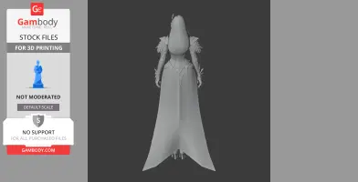 A 3D model of a female character with long hair and an ornate gown, viewed from the back.