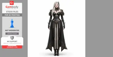 A detailed 3D model of a fantasy female warrior in ornate armor and flowing cape.
