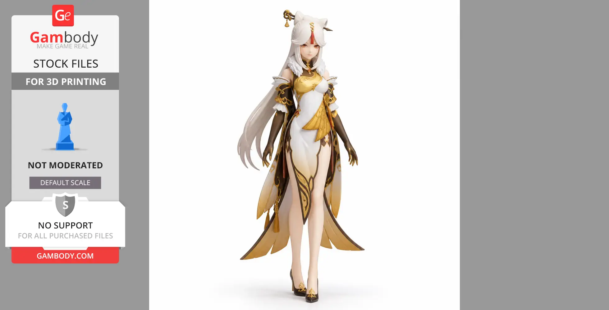Elegant Genshin Impact character figurine with long hair, ornate dress, and confident pose for 3D printing.