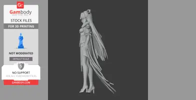 3D model of a woman with long hair and elaborate outfit, side view, suitable for 3D printing.