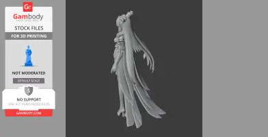 Detailed 3D model of a character with long flowing hair and elaborate attire, posed gracefully.