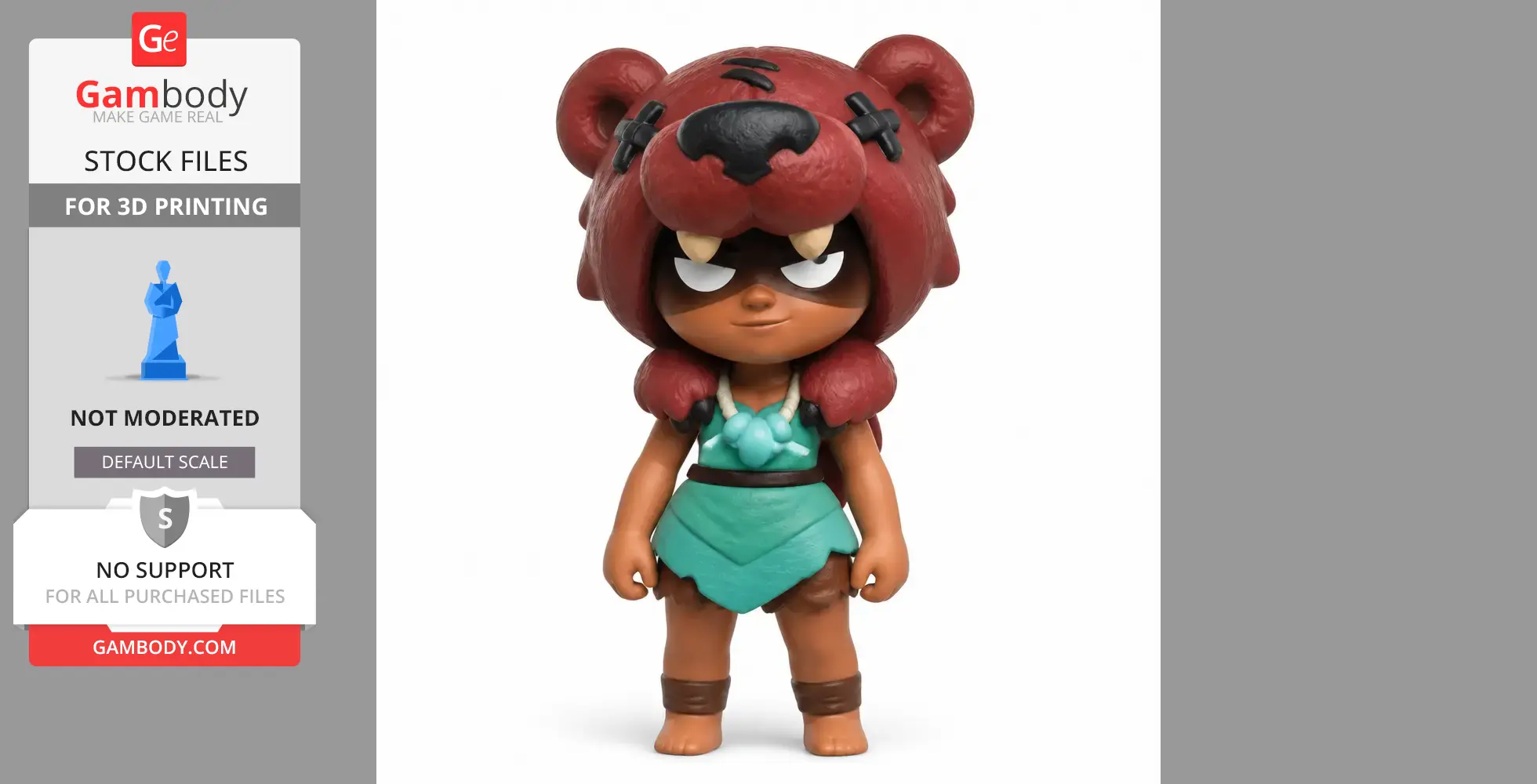 A cartoon figure dressed in a bear-themed outfit, with a bear hat and turquoise dress ready for 3D printing.